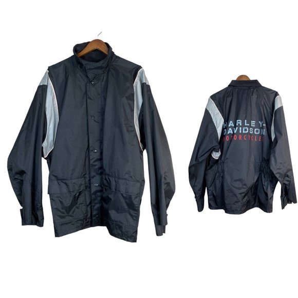 Harley Davidson Rain Jacket Mens Medium Black Nylon Spell Out Motorcycles Zip Up - Picture 1 of 14